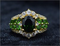 Gold-tone Sterling Green & White Gemstone Ring