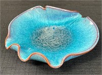 FANTASTIC SIGNED LORENZEN POTTERY DISH-TEAL GLAZE