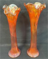 TWO GREAT CARNIVAL GLASS TRUMPET VASES