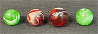 4 NEAT VINTAGE BLOWN GLASS MARBLES GREEN & RED