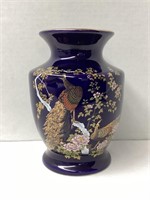 Toyo Japan Deep Blue Vase with Peacock Motif