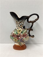Mid Century Ewer Vase with Applied Flowers
