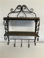 Metal and Wood Two Tier Wall Shelf with Hooks