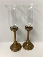 Pair of Brass Candlesticks with Hurricane Shades