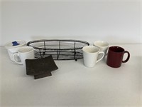 Pier 1 Pottery Pedestal, Metal Oval Basket, Mugs