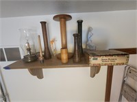 Shelf w/ spools, candle, figurine, cigar box,