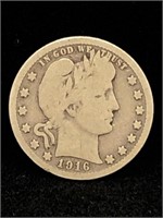 Antique 1916 Barber Silver Quarter, Good Condition