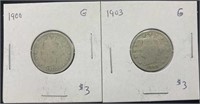 Antique V Nickel Coins 1900/1903