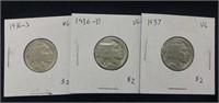 Three Buffalo Nickel Coins 1936-1937