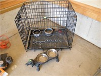 Dog crate & Dashound Cast Iron feeder/ waterer