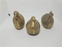 Three Vintage Solid Brass Bird Quails