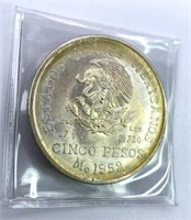 1952 Mexico Silver 5 Pesos, Rainbow Tone BU