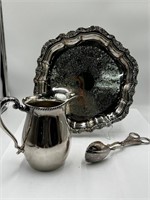 GORHAM HERITAGE SILVERPLATE TONGS & tray pitcher