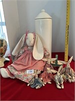 VINTAGE CLOTH RABBITS AND TALL VASE WITH LID