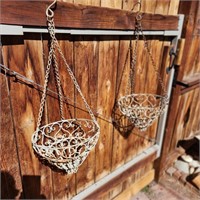 Pair vintage matching metal hanging baskets