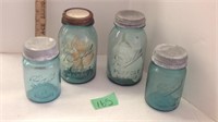 four blue ball vintage canning jars, metal lids