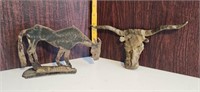 Two hand made metal art items, donkey and steer