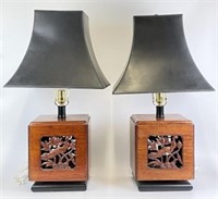 Pair of Carved Wood Lamps with Shades