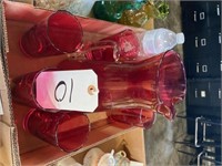 Cranberry Pitcher and 6 Glasses