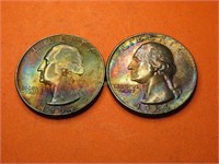 (2) 1964 Rainbow Toned Washington Quarters