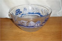 Vintage Glass Serving Bowl w/Asian Artwork