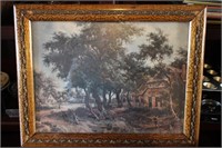 Framed Picture of Farm Scene with Tiger Oak Inlay.