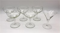 Mcm 5 Champagne Glasses Etched & 1 Martini Glass