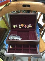 Burgundy lined jewelry box with contents