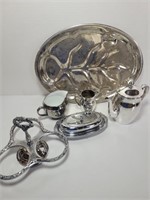Silver- Plated Serving Tray, Tea Pot, Butter