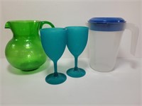 Plastic Green Pitcher, Clear Pitcher with Blue
