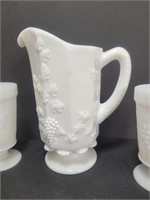 Vintage Milk Glass Pitcher with 5 Glasses