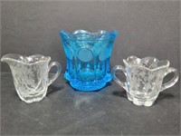 Vintage Etched Glass Creamer and Sugar and Blue