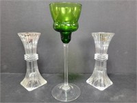 2 Vintage Glass Candle Holders and Green 11" Tall