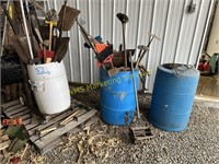 Hand Tools, 3 Plastic Barrels, Janitors Cart