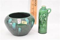 TWO PIECES OF GREEN POTTERY MARKED