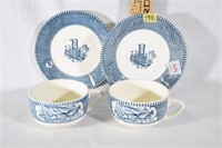 CURRIER & IVES 2 SETS CUPS AND SAUCERS