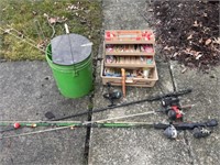 Fishing Poles, Tackle Box, and Ice Fishing Bucket