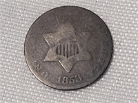1853 USA Silver 3 Cent Coin