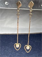 10K Yellow Gold Dangle Earrings Pearl in Heart