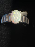 Sterling Silver Stamped Opal Ring with Baguette