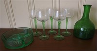 Antique Green & Clear Glasses, Bottle & Dish