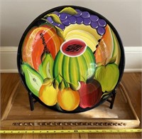 Large Painted Plate and Wooden Tray