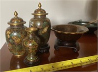 Cloisonné Vases and Bowl with Stands