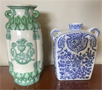 Pair of Oriental Vases Green/Blue & White Phoenix