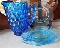 Colonial Blue Glass Pitcher & 4 Plates