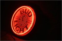 Bud Light Neon Clock, Works, Approx 19"x6"