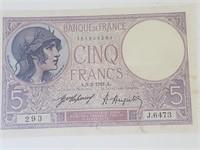 FRANCE VERY RARE 5 francs,3-2-1921,similar at $145