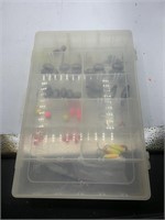 Plastic fish box with sinkers, hook leads, other