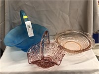 Pink Depression Serving Bowl & 2 Art Glass Baskets