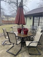 Hexagonal Patio Table w/ Umbrella, 6 Chairs